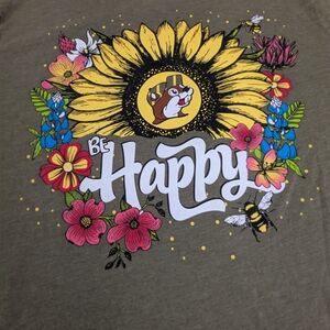 Buc-ee's Bucees Be Happy Green & Yellow Sunflower Tee Short Sleeve Large